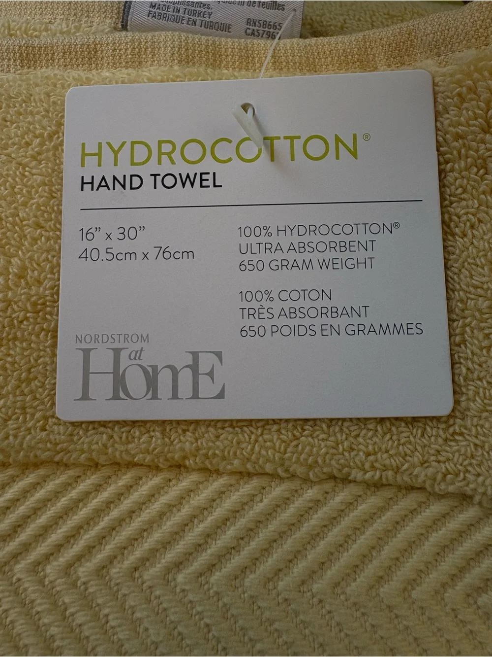 NWT Nordstrom Organic Hydrocotton Hand Towel Yellow Straw